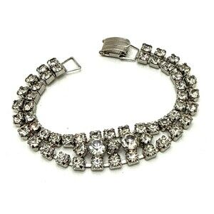 Vintage Clear Crystal Rhinestone Bracelet Double Strand Bridal Wedding Prom 7"